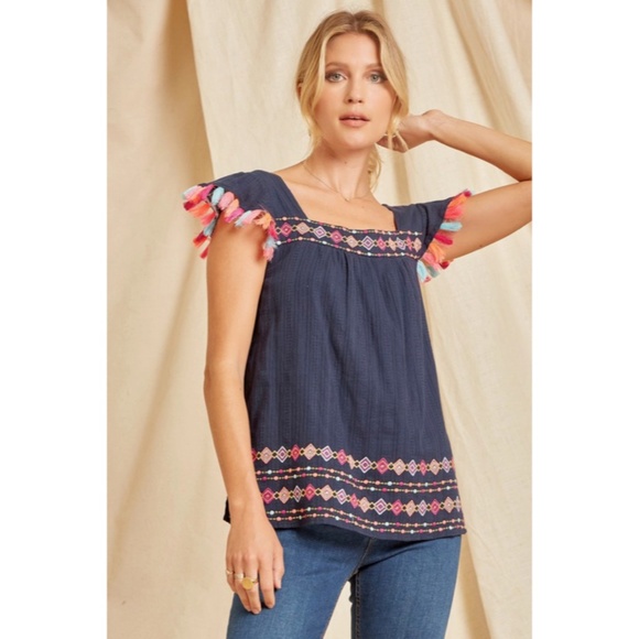 SOLD OUT Navy Geometric Embroidered Tassel Trimmed Woven Short Sleeve Top - Picture 3 of 5